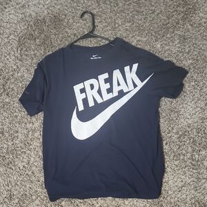 Nike Blue and White Short Sleeve Tee with Bold Graphic